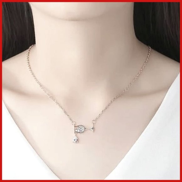 Silver Wine Glass 8 White CZ 1 Teardrop Solitaire Necklace 2" Extender O Link - Picture 2 of 5
